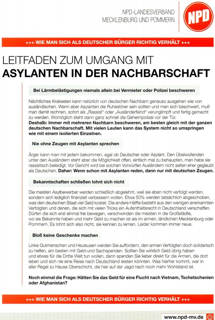 Alter NPD Flyer wird in Stralsund verteilt.